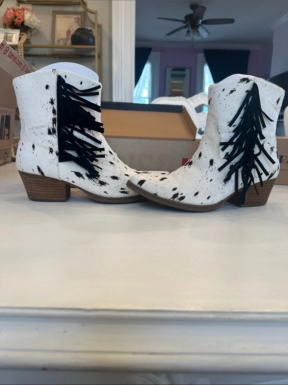 Dingo White and Black Spotted Cowhide Fringe Ankle Boots
